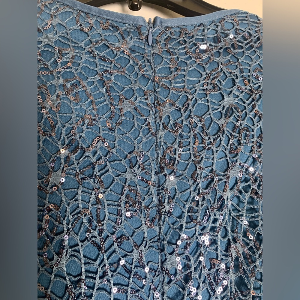 Modest Evening Dress Teal Blue long sleeve Stretch Sequins belt Sz 44 (Turkey) - Picture 12 of 17
